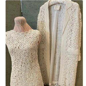 Vintage Bridal White Crochet Dress Set with Matching Coat